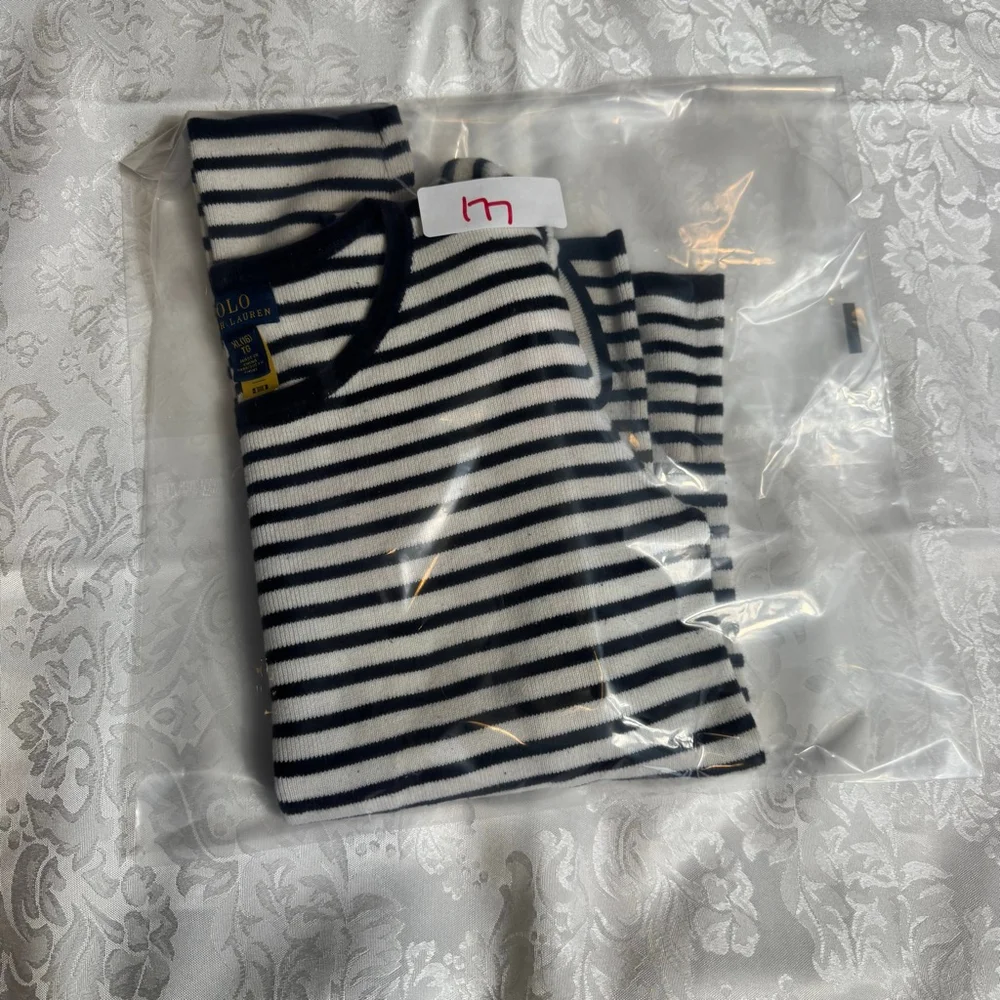 Girls Polo Ralph Lauren Sweater XL 16 White Navy Blue Striped Ruffle Shoulder